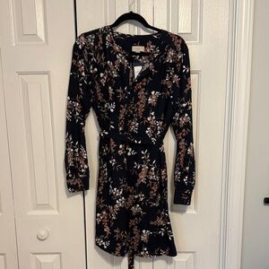 LOFT Navy Floral Long Sleeve Dress